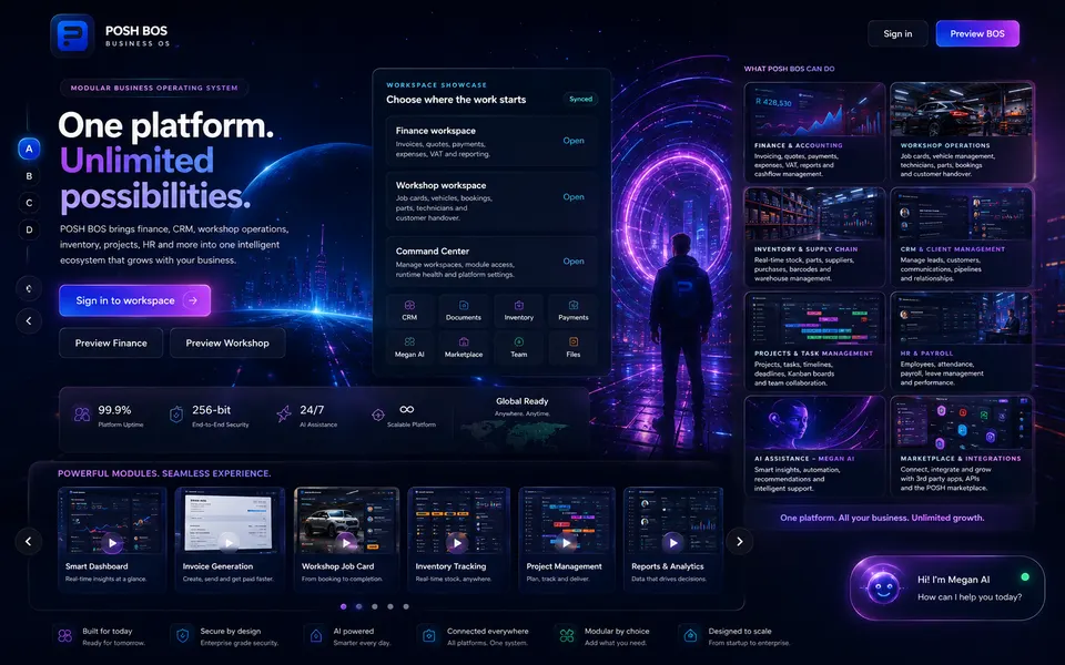 Animated POSH BOS product ecosystem concept showing connected dashboards and specialist workspaces